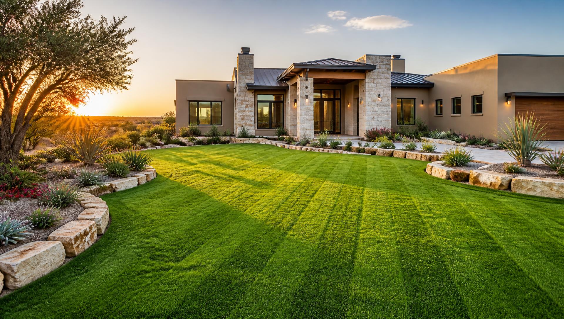 Freshly manicured green lawn and stone garden beds at a West Texas home