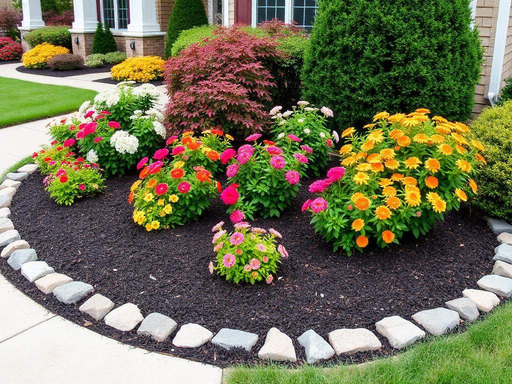 Mulched garden bed with flowering shrubs and stone border