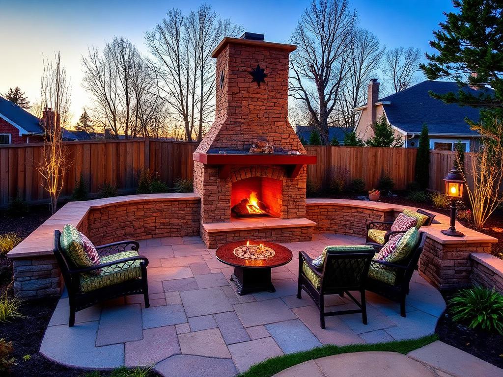 Stone outdoor fireplace on a flagstone patio at dusk