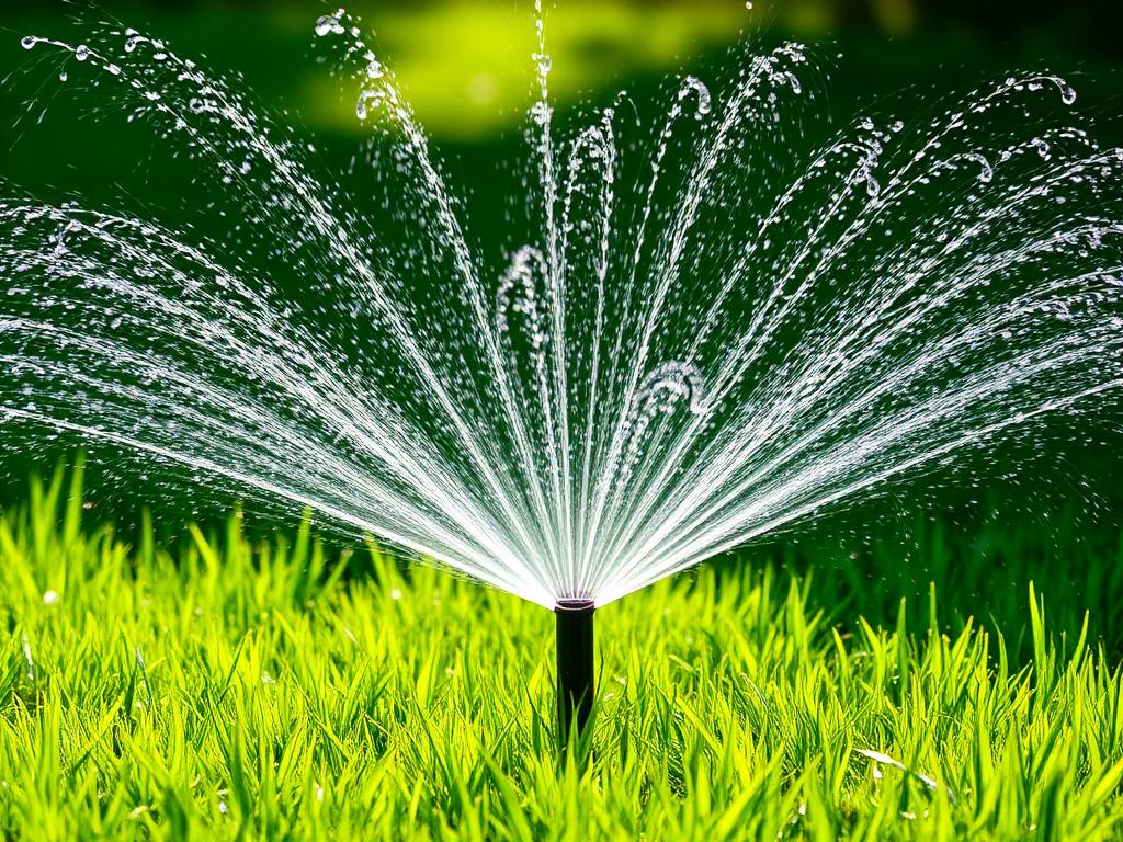 Sprinkler head watering a healthy green lawn