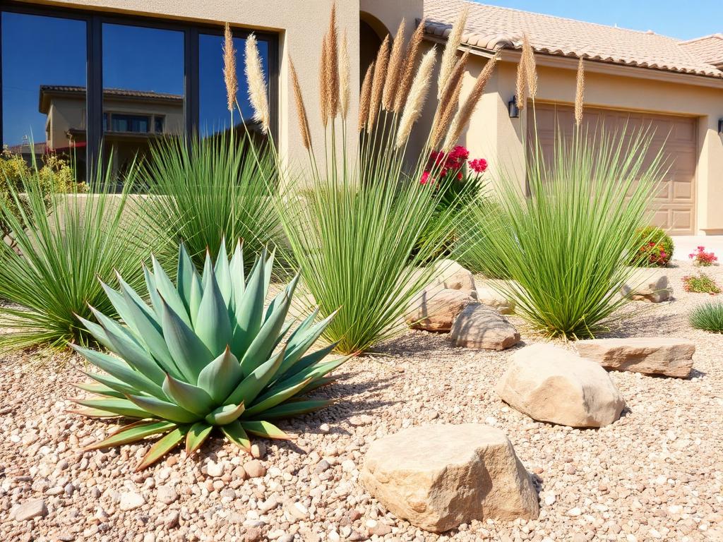 Xeriscape front yard with agave, grasses and gravel